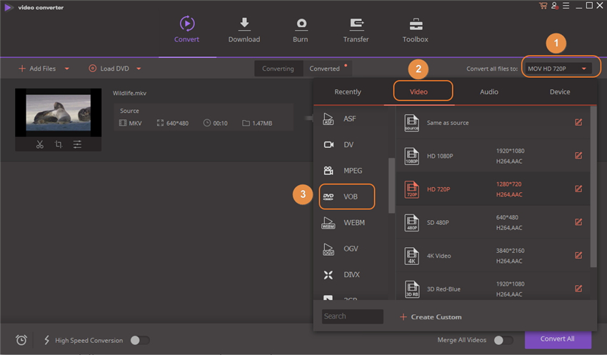 convert mkv to vob - choose format